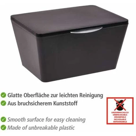 WENKO Boîte Avec Couvercle Brasil, Panier De Rangement, Panier De Salle De Bain Avec Couvercle, Plastique (PET), 19 X 10 X 15.5 Cm, Noir 4 WENKO Boîte Avec Couvercle Brasil, Panier De Rangement, Panier De Salle De Bain Avec Couvercle, Plastique (PET), 19 X 10 X 15.5 Cm, Noir – Image 2