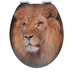 WENKO Abattant WC Avec Frein De Chute, Abattant WC Original Lion Avec Motif 3D, Fixation Inox, MDF, 38x45 Cm, Multicolore