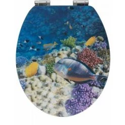 WENKO Abattant WC Avec Frein De Chute, Abattant WC Original Poisson Avec Motif 3D, Fixation Inox, MDF, 38x45 Cm, Multicolore