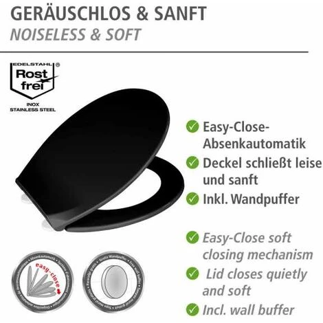 WENKO Abattant WC Avec Frein De Chute Premium Kos, Abattant WC Clipsable Avec Fixation Inox, Thermoplastique, 37x44 Cm, Noir 4 WENKO Abattant WC Avec Frein De Chute Premium Kos, Abattant WC Clipsable Avec Fixation Inox, Thermoplastique, 37x44 Cm, Noir – Image 2