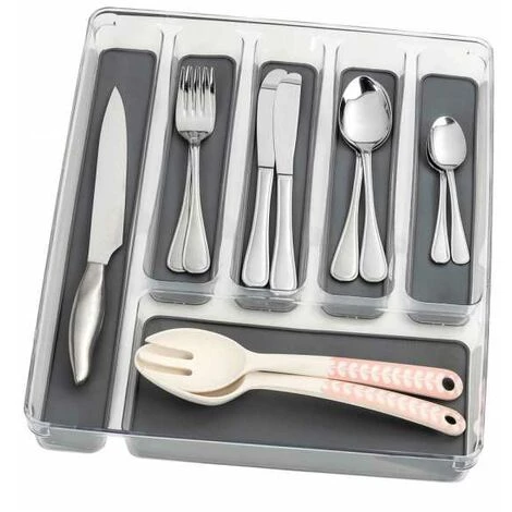 WENKO Range Couvert Tiroir, Rangement Couverts Tiroir Cuisine 6 Compartiments, Plastique, 32x4,5x40 Cm, Transparent - Gris 4 WENKO Range Couvert Tiroir, Rangement Couverts Tiroir Cuisine 6 Compartiments, Plastique, 32x4,5x40 Cm, Transparent - Gris – Image 2