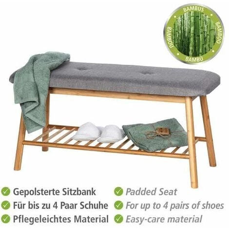 WENKO Banc à Chaussures Bambou Bahari, Banc D'entrée Et Rangement Chaussure Bois, Rangement Pour 4 Paires De Chaussures, Polyester - Bambou, 90x45x34 Cm, Marron - Gris 4 WENKO Banc à Chaussures Bambou Bahari, Banc D'entrée Et Rangement Chaussure Bois, Rangement Pour 4 Paires De Chaussures, Polyester - Bambou, 90x45x34 Cm, Marron - Gris – Image 2