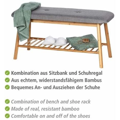 WENKO Banc à Chaussures Bambou Bahari, Banc D'entrée Et Rangement Chaussure Bois, Rangement Pour 4 Paires De Chaussures, Polyester - Bambou, 90x45x34 Cm, Marron - Gris 5 WENKO Banc à Chaussures Bambou Bahari, Banc D'entrée Et Rangement Chaussure Bois, Rangement Pour 4 Paires De Chaussures, Polyester - Bambou, 90x45x34 Cm, Marron - Gris – Image 3