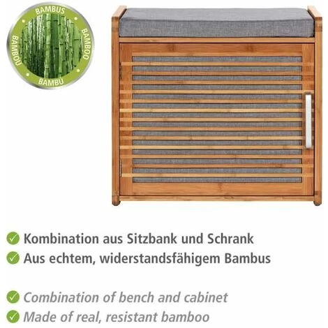 WENKO Banc D'entrée Et Meuble à Chaussures Bois Bahari, Rangement Chaussure Bois Avec 2 étagères Pour 4 Paires De Chaussures, Bambou - MDF - Polyester, 50x45x33 Cm, Gris - Marron 5 WENKO Banc D'entrée Et Meuble à Chaussures Bois Bahari, Rangement Chaussure Bois Avec 2 étagères Pour 4 Paires De Chaussures, Bambou - MDF - Polyester, 50x45x33 Cm, Gris - Marron – Image 3