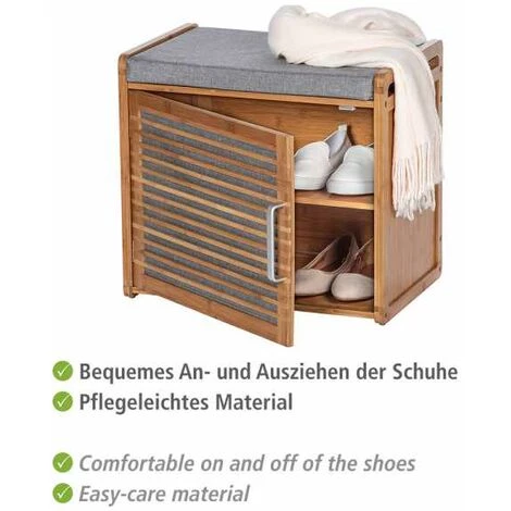 WENKO Banc D'entrée Et Meuble à Chaussures Bois Bahari, Rangement Chaussure Bois Avec 2 étagères Pour 4 Paires De Chaussures, Bambou - MDF - Polyester, 50x45x33 Cm, Gris - Marron 6 WENKO Banc D'entrée Et Meuble à Chaussures Bois Bahari, Rangement Chaussure Bois Avec 2 étagères Pour 4 Paires De Chaussures, Bambou - MDF - Polyester, 50x45x33 Cm, Gris - Marron – Image 4