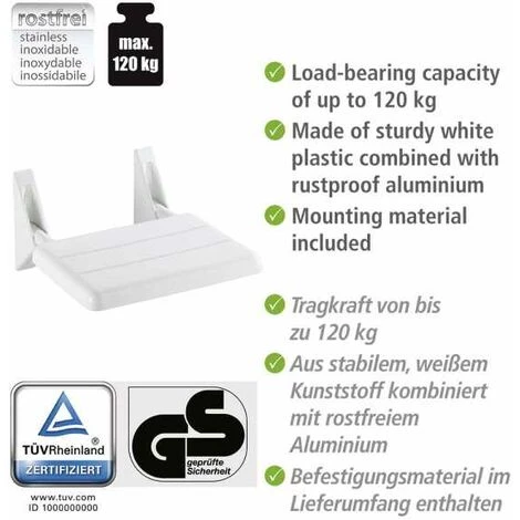 WENKO Siège De Douche Escamotable Secura, Fixation Murale, Charge 120 Kg, 35x19x36 Cm 5 WENKO Siège De Douche Escamotable Secura, Fixation Murale, Charge 120 Kg, 35x19x36 Cm – Image 3