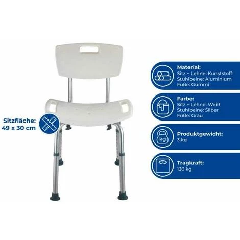 WENKO Tabouret De Douche Secura, Chaise De Douche Avec Pieds Antidérapants En Caoutchouc, Hauteur Ajustable, Charge Jusqu'à 130 Kg, Plastique-aluminium, 49x68,5-85,5x54 Cm, Chromé-blanc 6 WENKO Tabouret De Douche Secura, Chaise De Douche Avec Pieds Antidérapants En Caoutchouc, Hauteur Ajustable, Charge Jusqu'à 130 Kg, Plastique-aluminium, 49x68,5-85,5x54 Cm, Chromé-blanc – Image 4