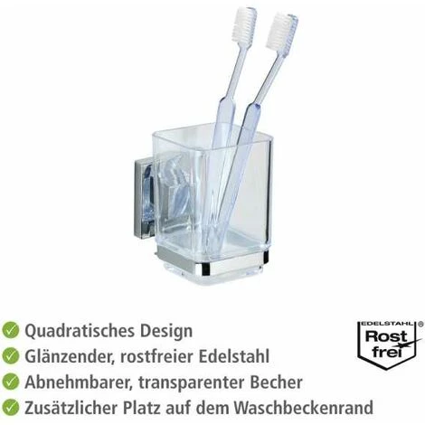 WENKO Porte Brosse à Dent Mural Quadro, Gobelet Salle De Bain Vacuum-Loc® Fixation Sans Perçage, Repositionnable & Amovible Sans Résidus, Acier Inox - Plastique, 7,5x10x10 Cm Transparent - Brillant 5 WENKO Porte Brosse à Dent Mural Quadro, Gobelet Salle De Bain Vacuum-Loc® Fixation Sans Perçage, Repositionnable & Amovible Sans Résidus, Acier Inox - Plastique, 7,5x10x10 Cm Transparent - Brillant – Image 3