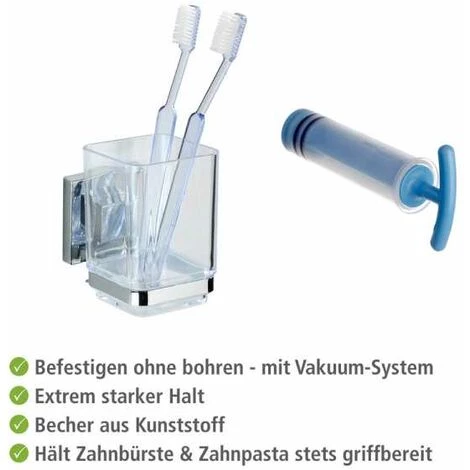 WENKO Porte Brosse à Dent Mural Quadro, Gobelet Salle De Bain Vacuum-Loc® Fixation Sans Perçage, Repositionnable & Amovible Sans Résidus, Acier Inox - Plastique, 7,5x10x10 Cm Transparent - Brillant 6 WENKO Porte Brosse à Dent Mural Quadro, Gobelet Salle De Bain Vacuum-Loc® Fixation Sans Perçage, Repositionnable & Amovible Sans Résidus, Acier Inox - Plastique, 7,5x10x10 Cm Transparent - Brillant – Image 4