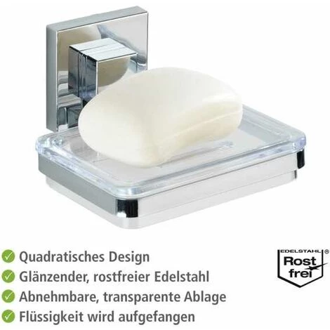 WENKO Porte Savon Mural Quadro, Vacuum-Loc® Fixation Sans Perçage, Support Pour Savon Solide Repositionnable & Amovible Sans Résidus, Acier Inox - Plastique, 12x6,5x12 Cm, Transparent - Brillant 5 WENKO Porte Savon Mural Quadro, Vacuum-Loc® Fixation Sans Perçage, Support Pour Savon Solide Repositionnable & Amovible Sans Résidus, Acier Inox - Plastique, 12x6,5x12 Cm, Transparent - Brillant – Image 3
