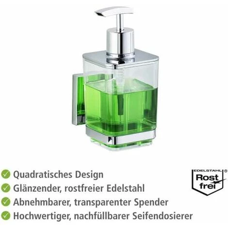 WENKO Distributeur Savon Liquide Mural Quadro, Vacuum-Loc® Fixation Sans Perçage, Capacité 330 Ml, Repositionnable & Amovible Sans Résidus, Plastique - Acier Inox, 7,5x16x10 Cm, Transparent - Brillant 5 WENKO Distributeur Savon Liquide Mural Quadro, Vacuum-Loc® Fixation Sans Perçage, Capacité 330 Ml, Repositionnable & Amovible Sans Résidus, Plastique - Acier Inox, 7,5x16x10 Cm, Transparent - Brillant – Image 3
