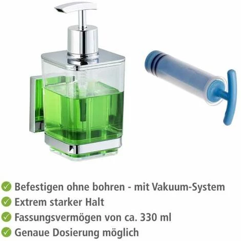 WENKO Distributeur Savon Liquide Mural Quadro, Vacuum-Loc® Fixation Sans Perçage, Capacité 330 Ml, Repositionnable & Amovible Sans Résidus, Plastique - Acier Inox, 7,5x16x10 Cm, Transparent - Brillant 6 WENKO Distributeur Savon Liquide Mural Quadro, Vacuum-Loc® Fixation Sans Perçage, Capacité 330 Ml, Repositionnable & Amovible Sans Résidus, Plastique - Acier Inox, 7,5x16x10 Cm, Transparent - Brillant – Image 4