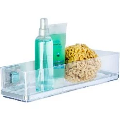 WENKO Etagère Murale Salle De Bain Quadro, Panier De Douche Fixation Sans Perçage Vacuum-Loc®, Repositionnable & Amovible Sans Résidus, Acier Inox - Plastique, 38,5x8,5x14,5 Cm, Brillant - Transparent