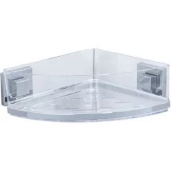 WENKO Etagère D'angle Douche Quadro, étagère Angle Salle De Bain Fixation Sans Perçage Vacuum-Loc® Repositionnable Sans Résidus, Acier Inox - Plastique, 28x8,5x19,5 Cm, Brillant - Transparent