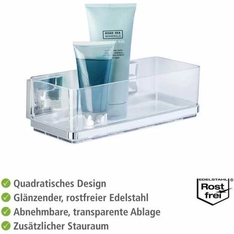 WENKO Etagère Murale Salle De Bain Quadro, Panier De Douche Fixation Sans Perçage Vacuum-Loc®, Repositionnable & Amovible Sans Résidus, Acier Inox - Plastique, 22,5x8,5x14 Cm, Brillant - Transparent 5 WENKO Etagère Murale Salle De Bain Quadro, Panier De Douche Fixation Sans Perçage Vacuum-Loc®, Repositionnable & Amovible Sans Résidus, Acier Inox - Plastique, 22,5x8,5x14 Cm, Brillant - Transparent – Image 3