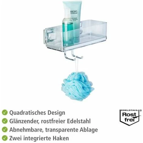 WENKO Etagère Murale Salle De Bain Quadro, Panier De Douche Avec Crochet, Fixation Sans Perçage Vacuum-Loc®, Repositionnable Sans Résidus, Acier Inox-plastique, 22,5x8,5x14 Cm, Brillant-transparent 5 WENKO Etagère Murale Salle De Bain Quadro, Panier De Douche Avec Crochet, Fixation Sans Perçage Vacuum-Loc®, Repositionnable Sans Résidus, Acier Inox-plastique, 22,5x8,5x14 Cm, Brillant-transparent – Image 3