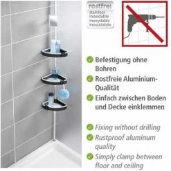 WENKO Étagère D'angle De Douche Télescopique Wave, 3 Paniers De Douche Fixation Sans Perçage, Fixation Par Torsion Et Réglable En Hauteur, Aluminium - Plastique, 27x70-260x20 Cm, Brillant - Noir -WENKO Soldes 16526369 3