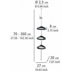 WENKO Étagère D'angle De Douche Télescopique Wave, 3 Paniers De Douche Fixation Sans Perçage, Fixation Par Torsion Et Réglable En Hauteur, Aluminium - Plastique, 27x70-260x20 Cm, Brillant - Noir -WENKO Soldes 16526369 5