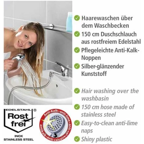 WENKO Douchette Pour Lavabo, Robinet Douchette, L150 Cm, Adapteur Easy Clip Inclus, Acier, 170x3,5x6,5 Cm, Chromé 4 WENKO Douchette Pour Lavabo, Robinet Douchette, L150 Cm, Adapteur Easy Clip Inclus, Acier, 170x3,5x6,5 Cm, Chromé – Image 2