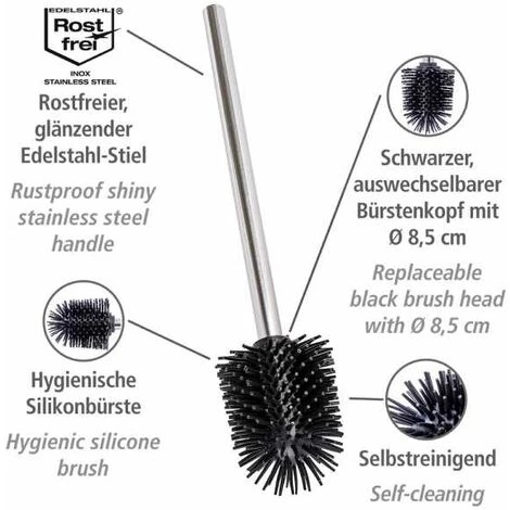 WENKO Brosse Wc Silicone De Rechange, Tête Brosse WC Noire Avec Manche Acier Inox, Silicone, Ø 8,5x35 Cm, Noir - Chromé 5 WENKO Brosse Wc Silicone De Rechange, Tête Brosse WC Noire Avec Manche Acier Inox, Silicone, Ø 8,5x35 Cm, Noir - Chromé – Image 3