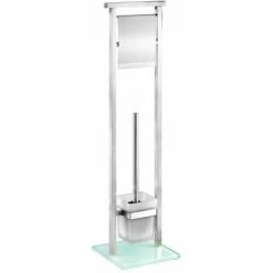 WENKO Serviteur WC 2en1 Debar, Brosse WC Et Dérouleur Papier Toilette, Acier Inox - Verre Trempé, 73x18 Cm, Mat, Blanc