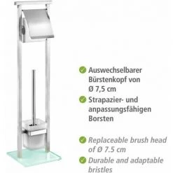 WENKO Serviteur WC 2en1 Debar, Brosse WC Et Dérouleur Papier Toilette, Acier Inox - Verre Trempé, 73x18 Cm, Mat, Blanc -WENKO Soldes 16526576 4