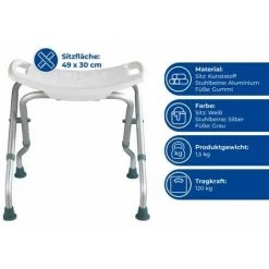 WENKO Tabouret De Douche Pliable Secura, Chaise De Douche Pour Handicapés, Personnes Agées, Capacité De Charge 120kg, Hauteur Réglable, Aluminium - Plastique, 53,5x44,5-48x40-46,5 Cm, Blanc -WENKO Soldes 16526588 4