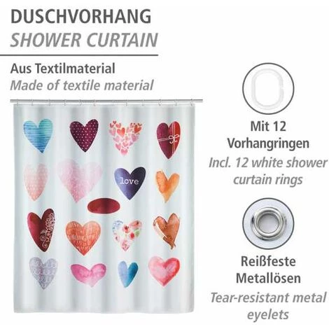 WENKO Rideau De Douche Original Love, Rideau De Douche 180x200 Cm, Lavable En Machine Et Waterproof, 12 Anneaux Rideau De Douche En Plastique Blanc Inclus, Polyester, 180x200 Cm, Multicolore 4 WENKO Rideau De Douche Original Love, Rideau De Douche 180x200 Cm, Lavable En Machine Et Waterproof, 12 Anneaux Rideau De Douche En Plastique Blanc Inclus, Polyester, 180x200 Cm, Multicolore – Image 2