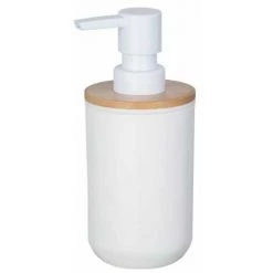 WENKO Distributeur Savon Liquide Posa, Capacité 330 Ml, Plastique - Bambou, 7x16,5x8 Cm, Blanc