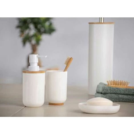 WENKO Distributeur Savon Liquide Posa, Capacité 330 Ml, Plastique - Bambou, 7x16,5x8 Cm, Blanc 4 WENKO Distributeur Savon Liquide Posa, Capacité 330 Ml, Plastique - Bambou, 7x16,5x8 Cm, Blanc – Image 2