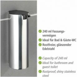WENKO Distributeur De Savon Liquide Mural Detroit, Fixation Sans Perçage Turbo-Loc®, Capacité 240 Ml, Acier Inox, 6x16,5x8 Cm, Brillant -WENKO Soldes 16527062 4