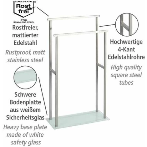 WENKO Porte Serviettes Salle De Bain Sur Pied Debar, 2 Barres Porte Serviette, Acier Inox - Verre, 20x83x46 Cm, Mat - Blanc 4 WENKO Porte Serviettes Salle De Bain Sur Pied Debar, 2 Barres Porte Serviette, Acier Inox - Verre, 20x83x46 Cm, Mat - Blanc – Image 2