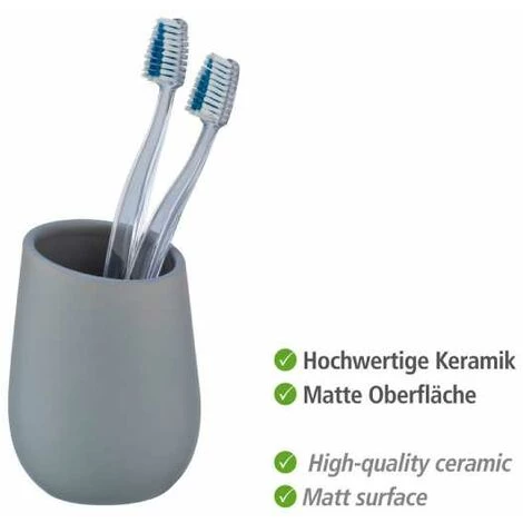 WENKO Porte Brosse à Dents Badi, Gobelet En Céramique à Surface Mate, Gobelet Salle De Bain Pour Le Rangement De Brosses à Dents Et Du Dentifrice, Céramique, Ø 8x11 cm, Gris Mat 4 WENKO Porte Brosse à Dents Badi, Gobelet En Céramique à Surface Mate, Gobelet Salle De Bain Pour Le Rangement De Brosses à Dents Et Du Dentifrice, Céramique, Ø 8x11 cm, Gris Mat – Image 2