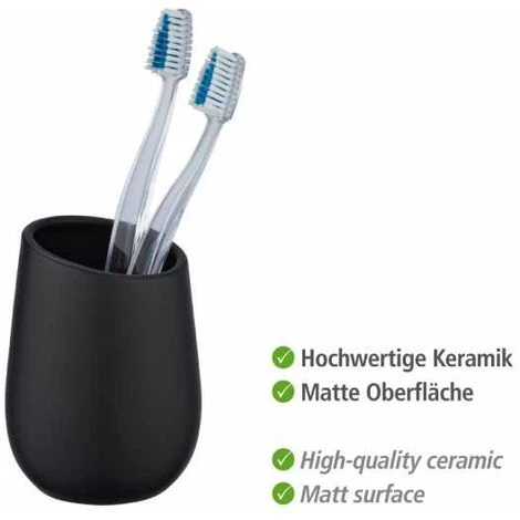 WENKO Porte Brosse à Dents Badi, Gobelet En Céramique à Surface Mate, Gobelet Salle De Bain Pour Le Rangement De Brosses à Dents Et Du Dentifrice, Céramique, Ø 8x11 cm, Noir Mat 4 WENKO Porte Brosse à Dents Badi, Gobelet En Céramique à Surface Mate, Gobelet Salle De Bain Pour Le Rangement De Brosses à Dents Et Du Dentifrice, Céramique, Ø 8x11 cm, Noir Mat – Image 2