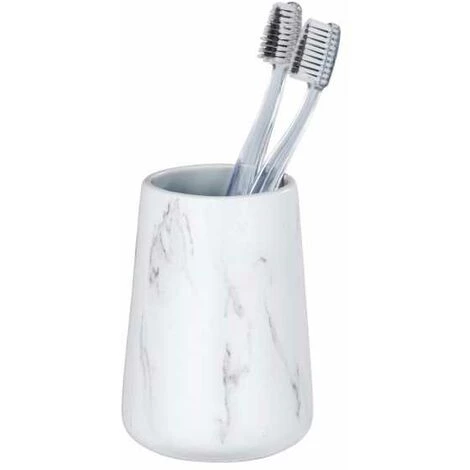WENKO Gobelet Salle De Bain Adrada, Porte Brosse à Dent, Céramique Aspect Marbre, Ø 8,5x12 Cm, Blanc - Gris 5 WENKO Gobelet Salle De Bain Adrada, Porte Brosse à Dent, Céramique Aspect Marbre, Ø 8,5x12 Cm, Blanc - Gris – Image 3
