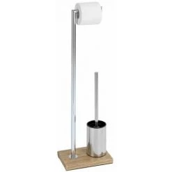 WENKO Serviteur WC 2en1 Marla, Brosse WC Et Dérouleur Papier Toilette, Acier - Polyrésine Effet Bois, 22x74x15 Cm, Chromé - Marron