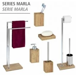 WENKO Porte Serviettes Salle De Bain Sur Pied Marla, 2 Barres Porte Serviette, Acier - Polyrésine Effet Bois, 45,5x82,5x20 Cm, Chromé - Marron -WENKO Soldes 16527427 5