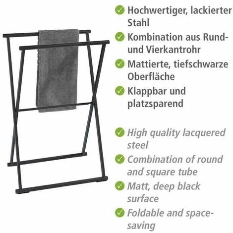 WENKO Porte-serviettes Salle De Bain Sur Pied Lava, Porte Serviette Pliable, Acier Verni , 53,5x80,5x35 Cm, Noir Mat 4 WENKO Porte-serviettes Salle De Bain Sur Pied Lava, Porte Serviette Pliable, Acier Verni , 53,5x80,5x35 Cm, Noir Mat – Image 2