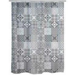 WENKO Rideau De Douche Original Portugal, Rideau De Douche 180x200 Cm, Lavable En Machine Et Waterproof, 12 Anneaux Rideau De Douche En Plastique Blanc Inclus, Polyester, 180x200 Cm, Gris - Blanc