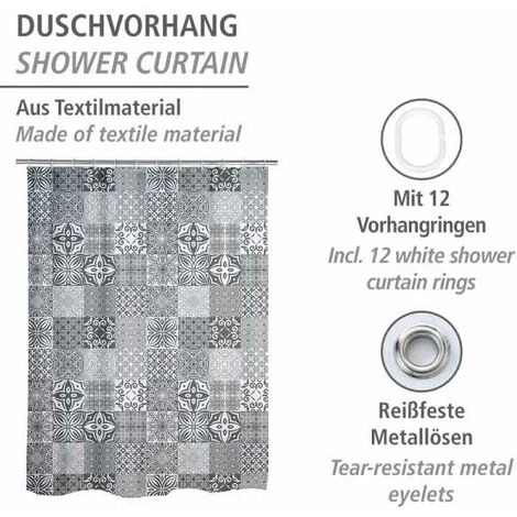 WENKO Rideau De Douche Original Portugal, Rideau De Douche 180x200 Cm, Lavable En Machine Et Waterproof, 12 Anneaux Rideau De Douche En Plastique Blanc Inclus, Polyester, 180x200 Cm, Gris - Blanc 4 WENKO Rideau De Douche Original Portugal, Rideau De Douche 180x200 Cm, Lavable En Machine Et Waterproof, 12 Anneaux Rideau De Douche En Plastique Blanc Inclus, Polyester, 180x200 Cm, Gris - Blanc – Image 2