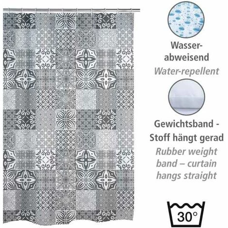 WENKO Rideau De Douche Original Portugal, Rideau De Douche 180x200 Cm, Lavable En Machine Et Waterproof, 12 Anneaux Rideau De Douche En Plastique Blanc Inclus, Polyester, 180x200 Cm, Gris - Blanc 5 WENKO Rideau De Douche Original Portugal, Rideau De Douche 180x200 Cm, Lavable En Machine Et Waterproof, 12 Anneaux Rideau De Douche En Plastique Blanc Inclus, Polyester, 180x200 Cm, Gris - Blanc – Image 3