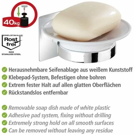 WENKO Porte Savon Mural Quadro, Porte Savon Turbo-Loc® Fixation Sans Perçage, Acier Inox - Plastique, 11x6,5x11,5 Cm, Brillant - Blanc 5 WENKO Porte Savon Mural Quadro, Porte Savon Turbo-Loc® Fixation Sans Perçage, Acier Inox - Plastique, 11x6,5x11,5 Cm, Brillant - Blanc – Image 3