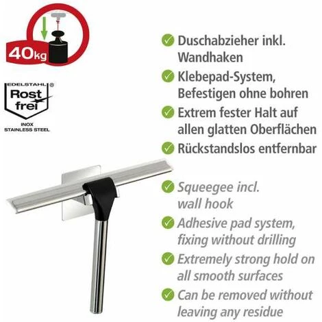 WENKO Raclette De Douche Quadro, Raclette Salle De Bain, Support Mural, Fixation Sans Perçage "Turbo Loc"®, Acier Inox, 23x17,5x5 Cm, Chromé 5 WENKO Raclette De Douche Quadro, Raclette Salle De Bain, Support Mural, Fixation Sans Perçage "Turbo Loc"®, Acier Inox, 23x17,5x5 Cm, Chromé – Image 3