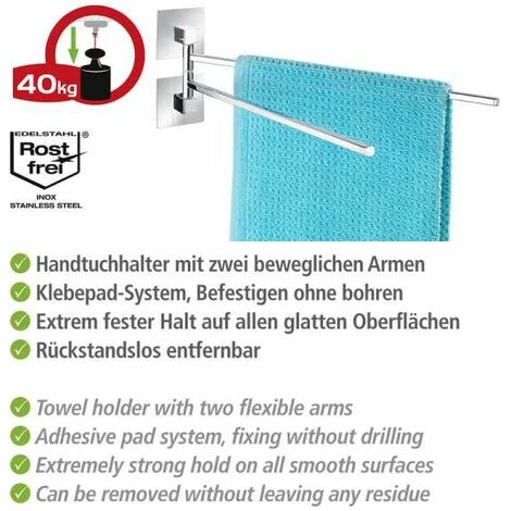 WENKO Porte Serviettes Salle De Bain Mural Quadro, 2 Barres Porte Serviette Mobiles Fixation Sans Perçage Turbo-Loc®, Acier Inox, 3,5x14x40 Cm, Brillant 5 WENKO Porte Serviettes Salle De Bain Mural Quadro, 2 Barres Porte Serviette Mobiles Fixation Sans Perçage Turbo-Loc®, Acier Inox, 3,5x14x40 Cm, Brillant – Image 3