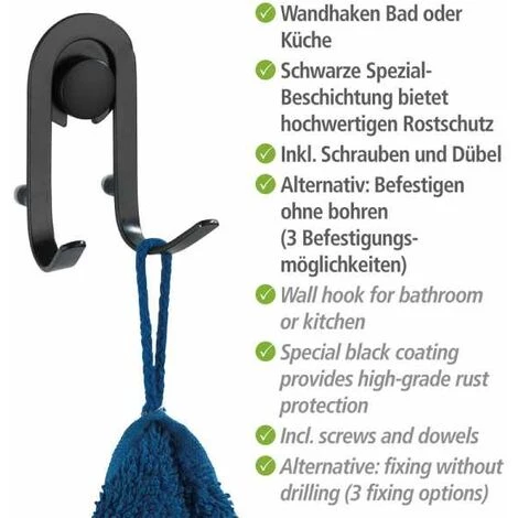 WENKO Crochet Mural Porte Serviette Classic Plus, Crochet Porte Manteaux, Acier Antirouille, 5,5x8,5x4 Cm, Noir 7 WENKO Crochet Mural Porte Serviette Classic Plus, Crochet Porte Manteaux, Acier Antirouille, 5,5x8,5x4 Cm, Noir – Image 5