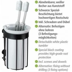 WENKO Porte Brosse à Dents Mural Classic Plus, Gobelet Brosse à Dents Classic, Acier Antirouille - Plastique, 9x12x8 Cm, Noir -WENKO Soldes 16527566 4