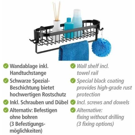 WENKO Étagère Murale Salle De Bain Avec Porte Serviette Et Crochets Classic Plus, Organisateur Salle De Bain, Acier, 35x10,5x12,5 Cm, Noir 6 WENKO Étagère Murale Salle De Bain Avec Porte Serviette Et Crochets Classic Plus, Organisateur Salle De Bain, Acier, 35x10,5x12,5 Cm, Noir – Image 4