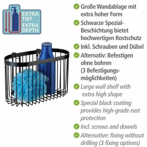 WENKO Etagère De Douche Classic Plus, Panier De Douche Fixation Murale, Acier Antirouille, 26,5x16,5x14,5 Cm, Noir 6 WENKO Etagère De Douche Classic Plus, Panier De Douche Fixation Murale, Acier Antirouille, 26,5x16,5x14,5 Cm, Noir – Image 4