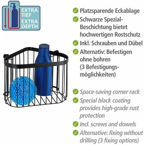 WENKO Étagère D'angle De Douche Classic Plus, Panier De Douche D'angle, Acier Antirouille, 23,5x16,5x18,5 Cm, Noir 6 WENKO Étagère D'angle De Douche Classic Plus, Panier De Douche D'angle, Acier Antirouille, 23,5x16,5x18,5 Cm, Noir – Image 4