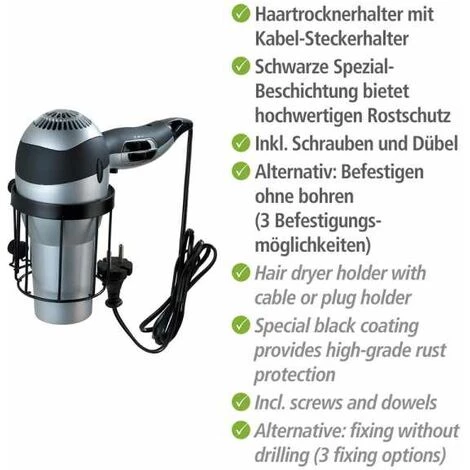 WENKO Porte Sèche-cheveux Classic Plus, Support Sèche Cheveux Mural, Acier Antirouille, 12,5x10x12,5 Cm, Noir 6 WENKO Porte Sèche-cheveux Classic Plus, Support Sèche Cheveux Mural, Acier Antirouille, 12,5x10x12,5 Cm, Noir – Image 4